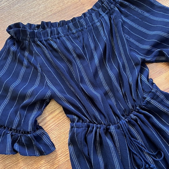 Navy Blue Off Shoulder Striped Romper - Picture 2 of 5